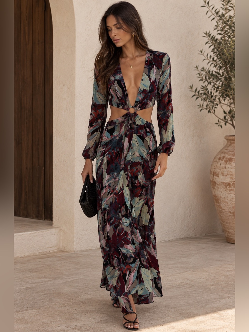 Vero Moda Floral Cutout Maxi Skirt - Burgundy Multi